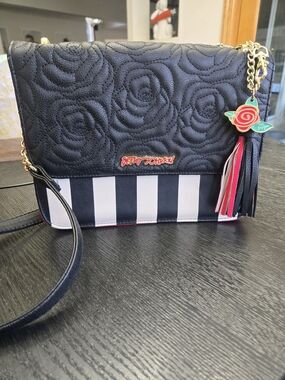 Betsey Johnson Black Quilted Rose & Black-White Stripe Crossbody with Tassel